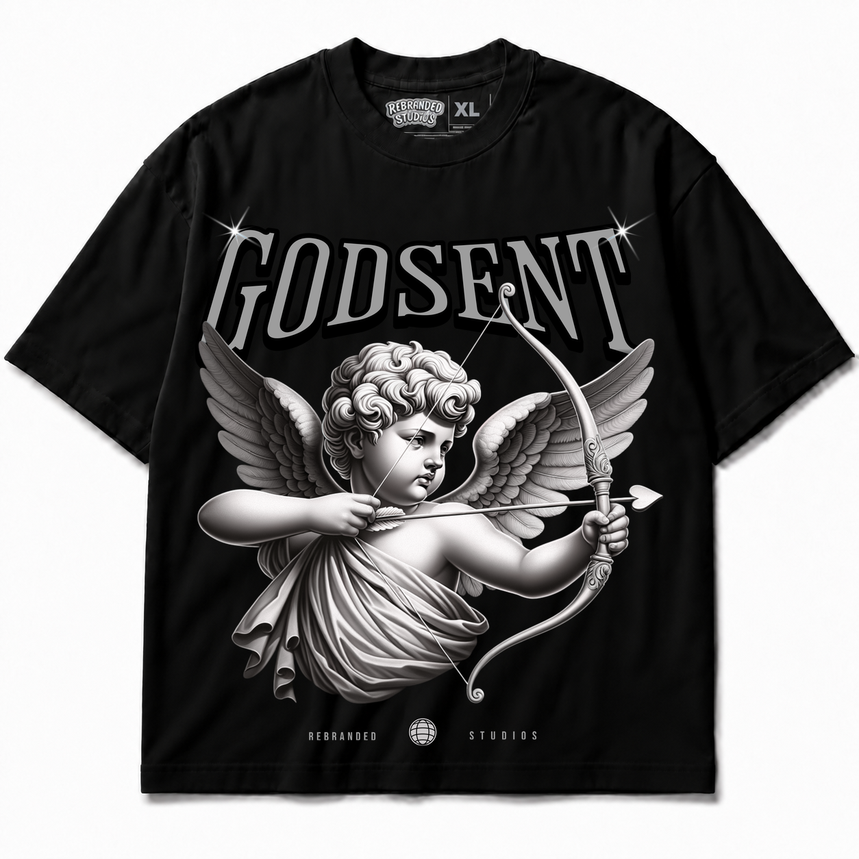 Rebranded Studios God Sent Air Jordan 8 Chrome Graphic T-Shirt front view without sneakers