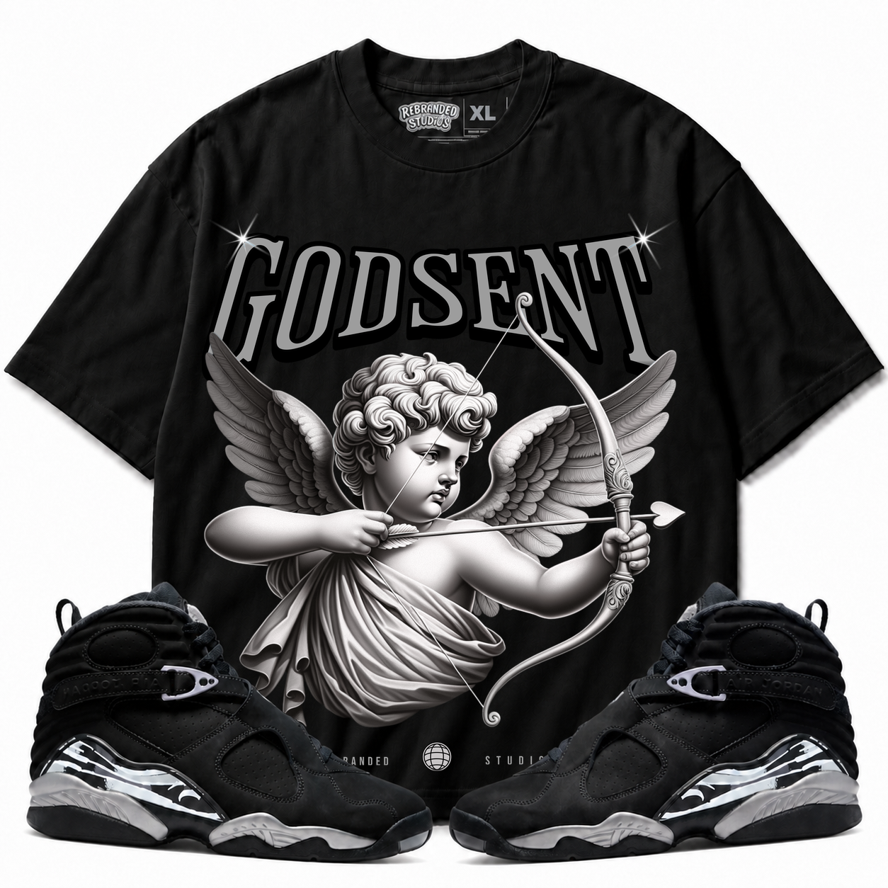 Rebranded Studios God Sent Air Jordan 8 Chrome Graphic T-Shirt front view with matching Air Jordan 8 Chrome sneakers