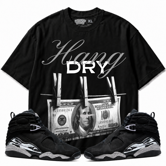 Rebranded Studios Hang Dry Air Jordan 8 Chrome Graphic T-Shirt front view with matching Air Jordan 8 Chrome sneakers