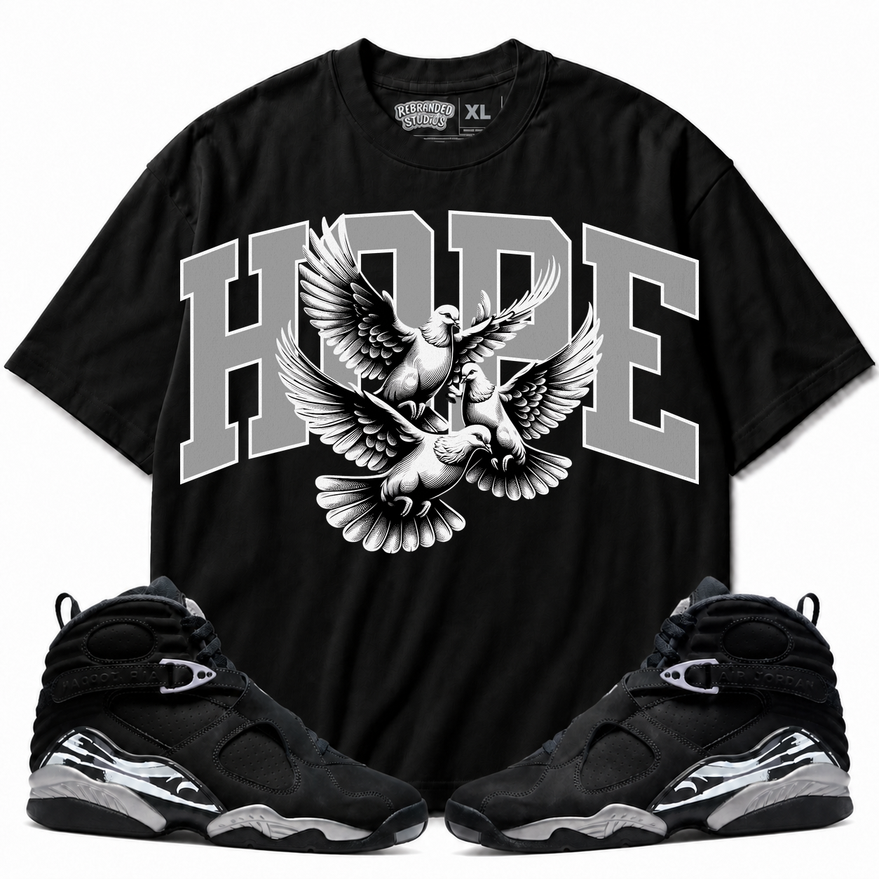 Rebranded Studios Hope Air Jordan 8 Chrome Graphic T-Shirt - front view with Air Jordan 8 Chrome sneakers