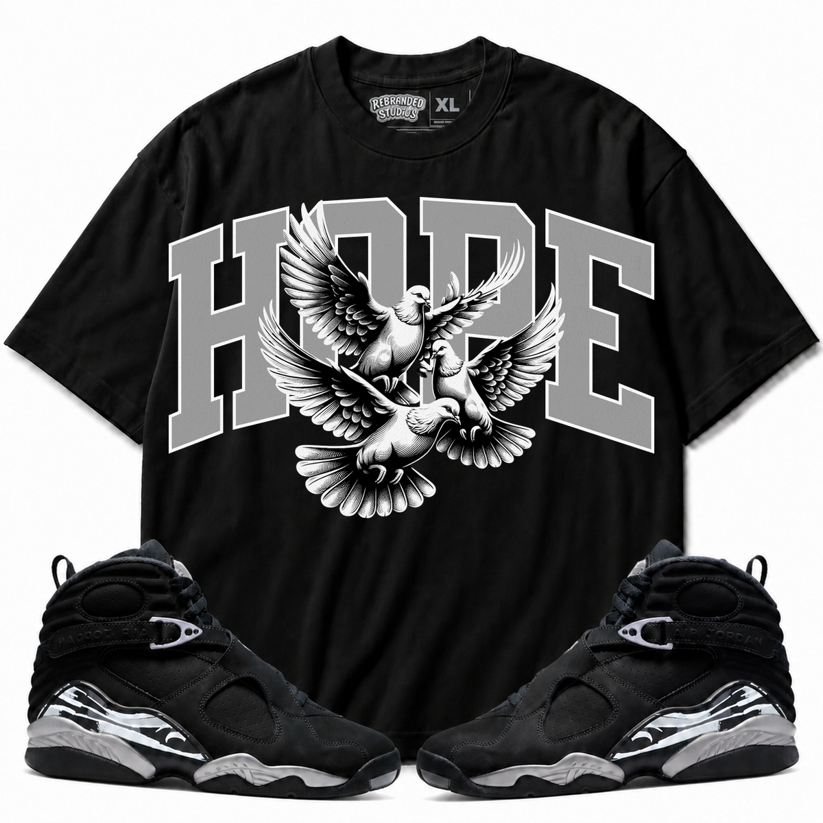 Rebranded Studios Hope Air Jordan 8 Chrome Graphic T-Shirt - front view with Air Jordan 8 Chrome sneakers