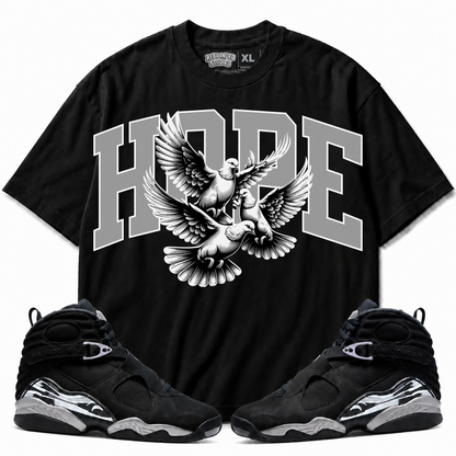 Rebranded Studios Hope Air Jordan 8 Chrome Graphic T-Shirt - front view with Air Jordan 8 Chrome sneakers