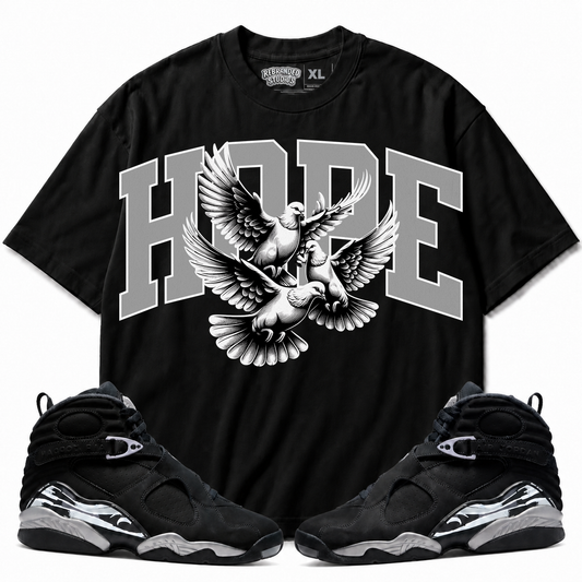 Rebranded Studios Hope Air Jordan 8 Chrome Graphic T-Shirt - front view with Air Jordan 8 Chrome sneakers