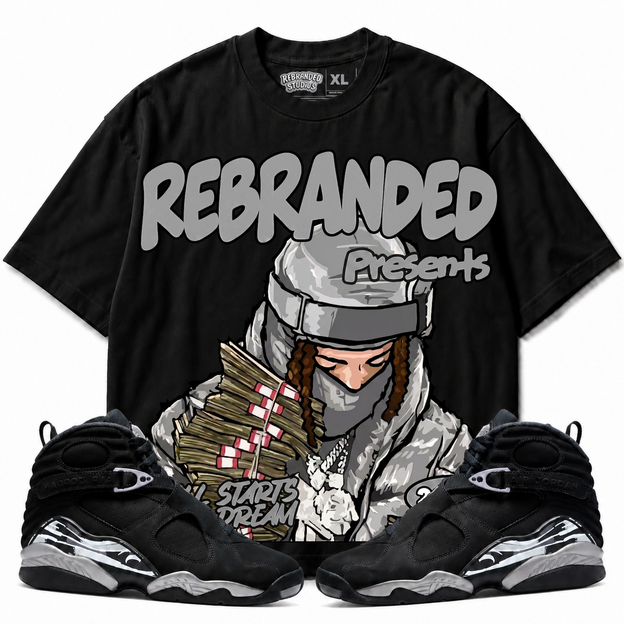 Rebranded Studios It All Start's With A Dream Air Jordan 8 Chrome Graphic T-Shirt with matching sneakers