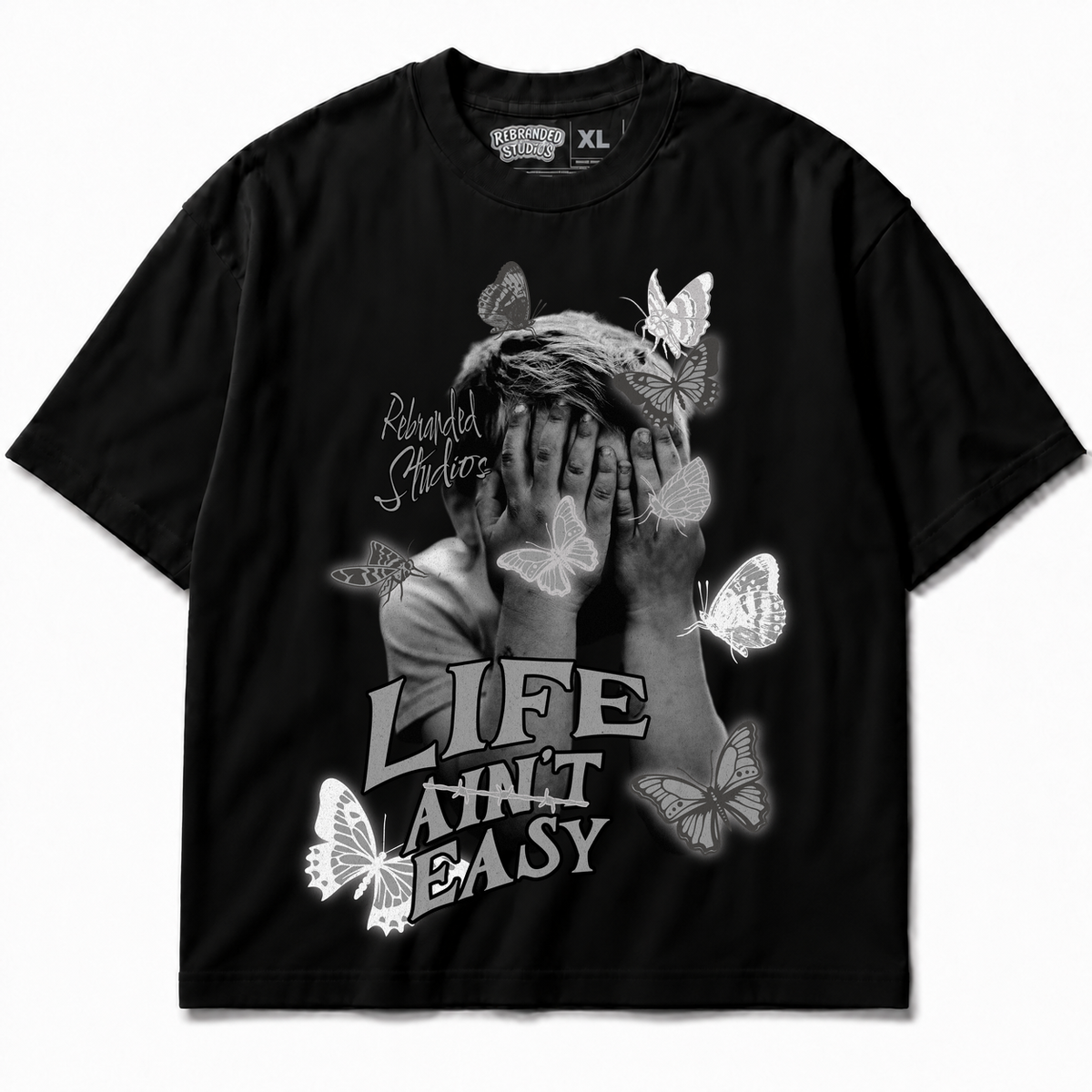 Rebranded Studios Life Ain't Easy Air Jordan 8 Chrome Graphic T-Shirt front view without sneakers