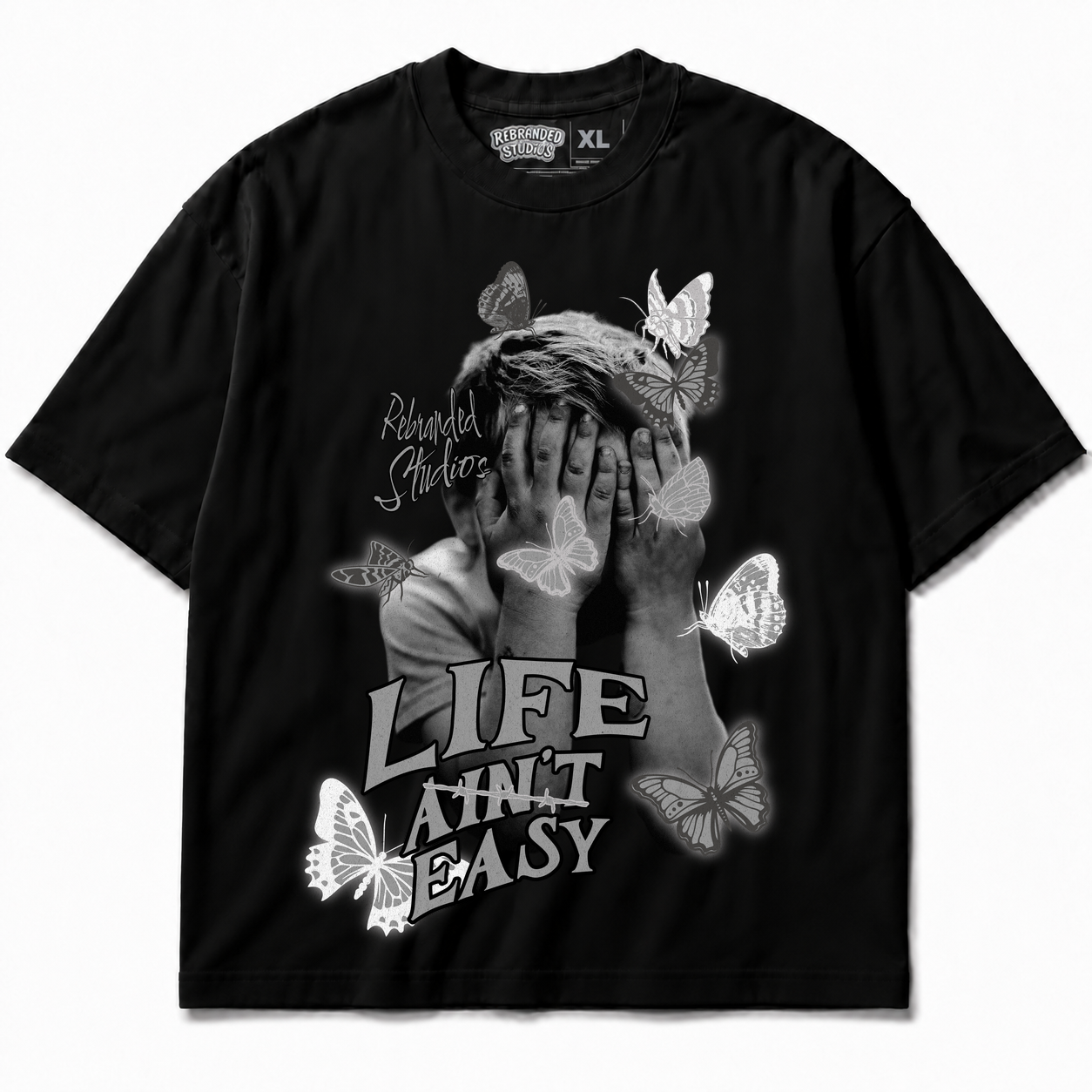 Rebranded Studios Life Ain't Easy Air Jordan 8 Chrome Graphic T-Shirt front view without sneakers