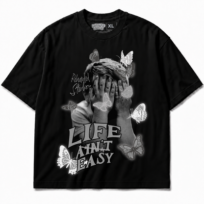 Rebranded Studios Life Ain't Easy Air Jordan 8 Chrome Graphic T-Shirt front view without sneakers