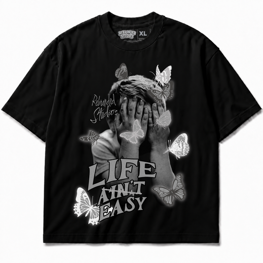 Rebranded Studios Life Ain't Easy Air Jordan 8 Chrome Graphic T-Shirt front view without sneakers — alternate view