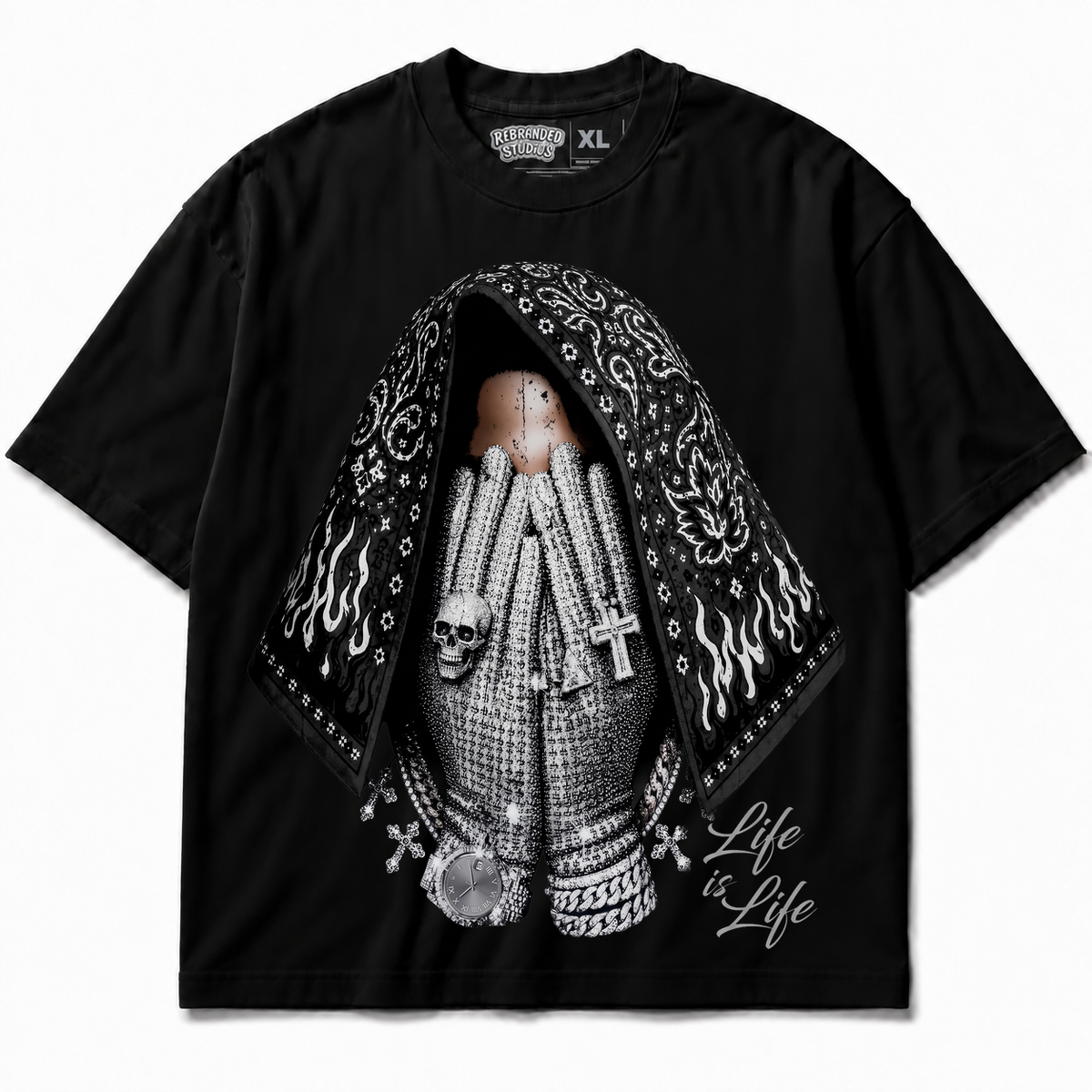 Rebranded Studios Life Is Life Air Jordan 8 Chrome Graphic T-Shirt front view without sneakers