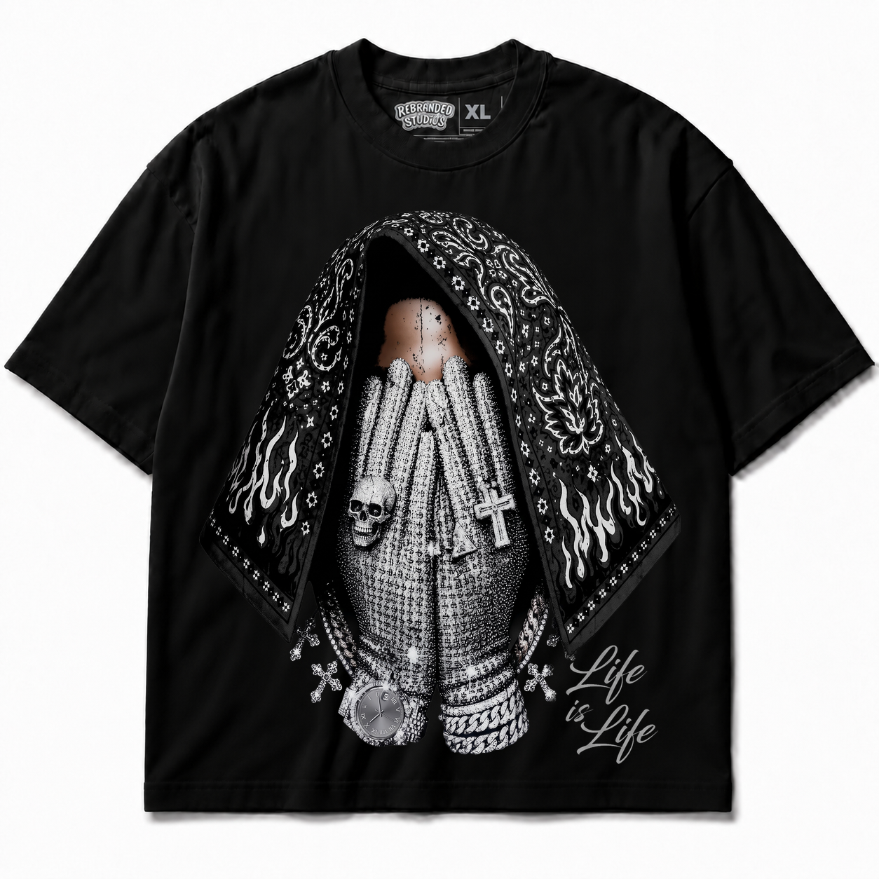 Rebranded Studios Life Is Life Air Jordan 8 Chrome Graphic T-Shirt front view without sneakers