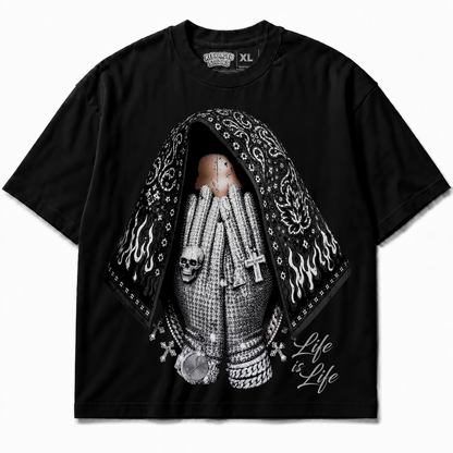 Rebranded Studios Life Is Life Air Jordan 8 Chrome Graphic T-Shirt front view without sneakers