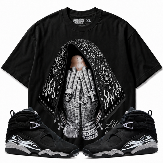 Rebranded Studios Life Is Life Air Jordan 8 Chrome Graphic T-Shirt front view with matching Air Jordan 8 Chrome sneakers