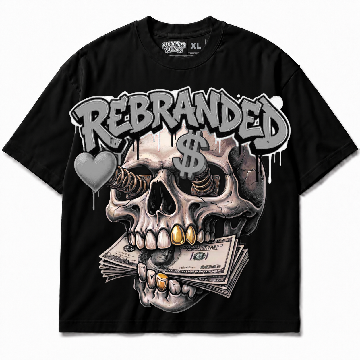 Rebranded Studios Money Lover Air Jordan 8 Chrome Graphic T-Shirt front view without sneakers