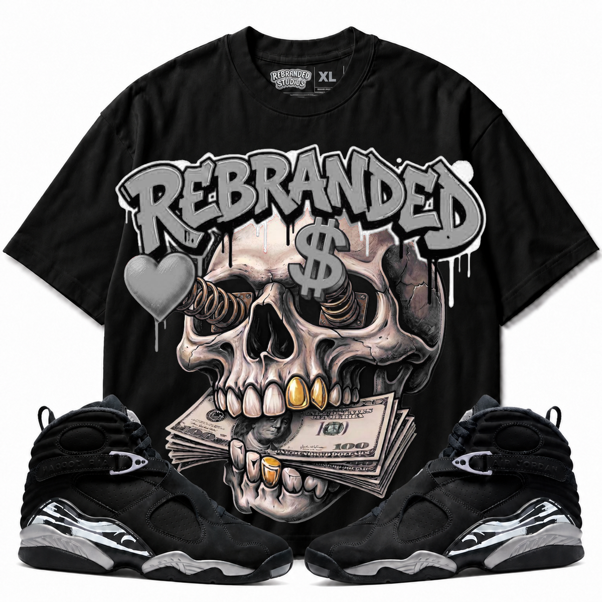 Rebranded Studios Money Lover Air Jordan 8 Chrome Graphic T-Shirt front view with matching Air Jordan 8 Chrome sneakers