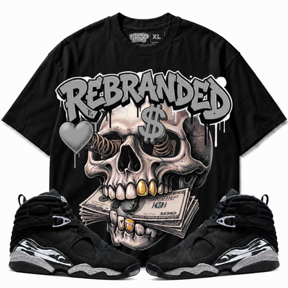 Rebranded Studios Money Lover Air Jordan 8 Chrome Graphic T-Shirt front view with matching Air Jordan 8 Chrome sneakers