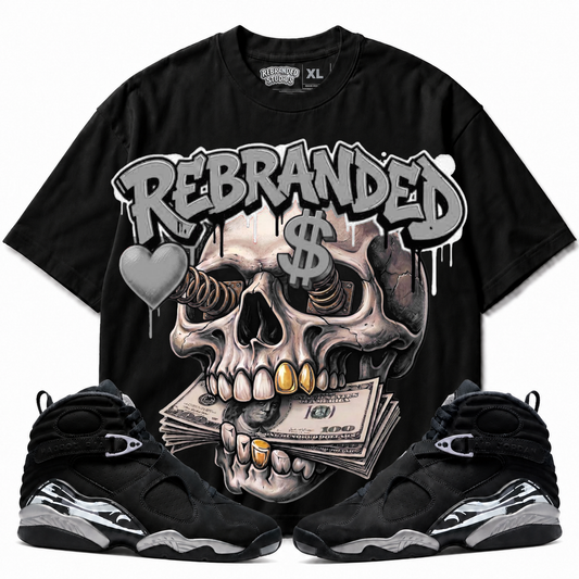 Rebranded Studios Money Lover Air Jordan 8 Chrome Graphic T-Shirt front view with matching Air Jordan 8 Chrome sneakers