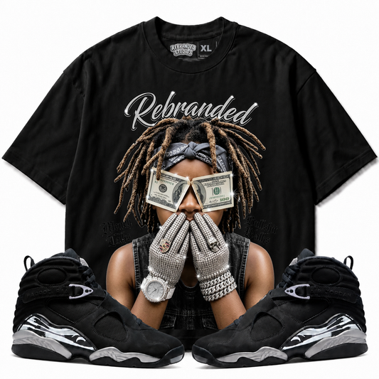 Rebranded Studios Money Talks Bullshit Walks Air Jordan 8 Chrome Graphic T-Shirt front view with matching Air Jordan 8 Chrome sneakers