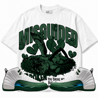 Broken Heart Club Air Jordan 12 Bucks white graphic T-shirt front with matching sneakers