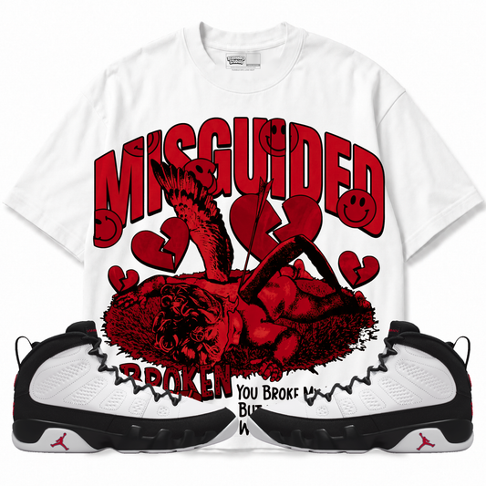 Broken Heart Club Air Jordan 9 OG Space Jam white graphic T-shirt front with matching sneakers