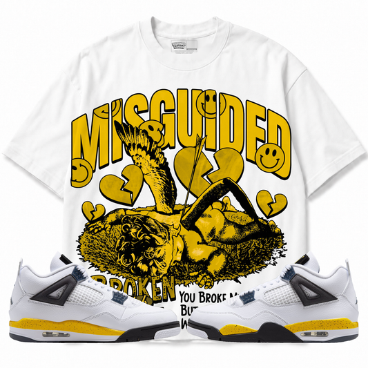 Broken Heart Club Air Jordan 4 Tour Yellow white graphic T-shirt front with matching sneakers