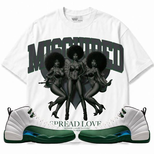 Spread Love Air Jordan 12 Bucks white graphic T-shirt front with matching sneakers