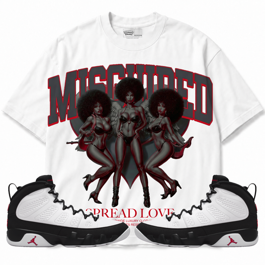 Spread Love Air Jordan 9 OG Space Jam white graphic T-shirt front with matching sneakers