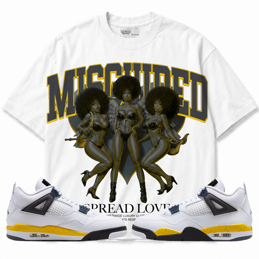 Spread Love Air Jordan 4 Tour Yellow white graphic T-shirt front with matching sneakers
