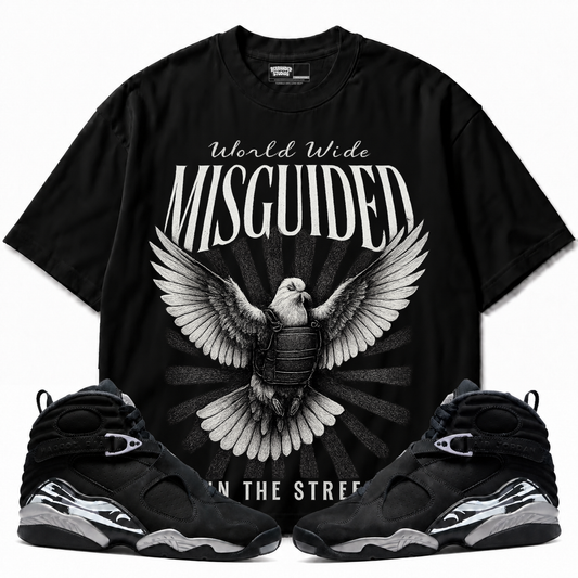 Run The Streets Air Jordan 8 Chrome black graphic T-shirt front with matching sneakers