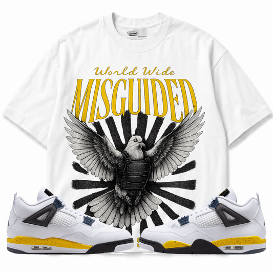 Run The Streets Air Jordan 4 Tour Yellow white graphic T-shirt front with matching sneakers