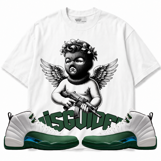 Angel Air Jordan 12 Bucks white graphic T-shirt front with matching sneakers