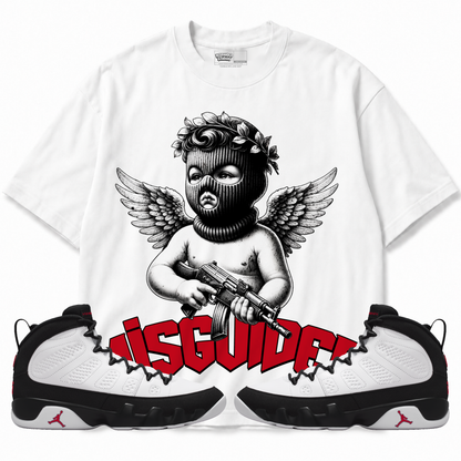 Angel Air Jordan 9 OG Space Jam white graphic T-shirt front with matching sneakers