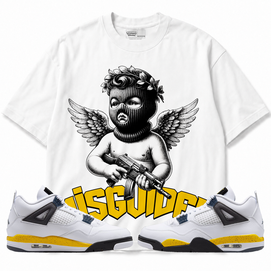 Angel Air Jordan 4 Tour Yellow white graphic T-shirt front with matching sneakers