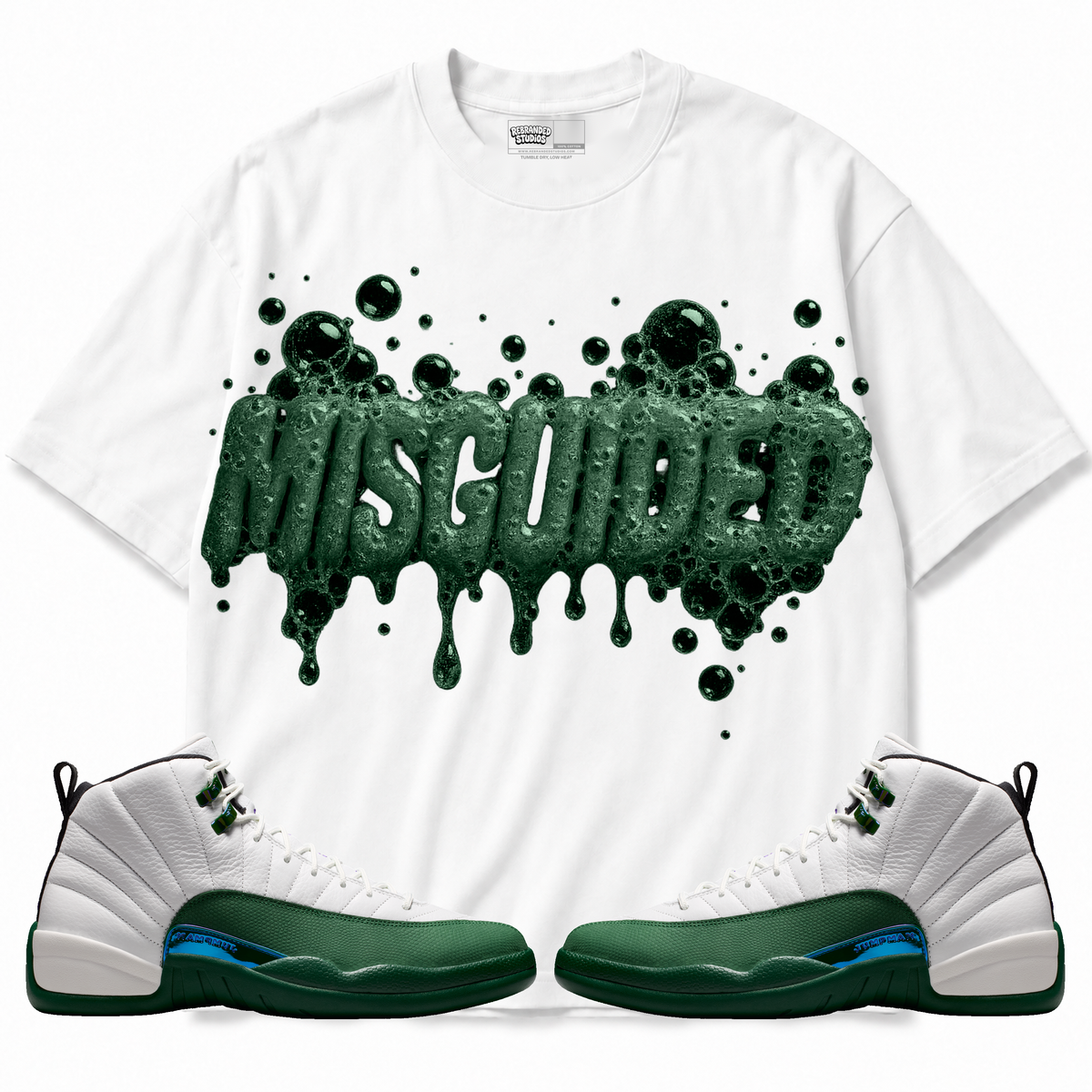 Bubblez Air Jordan 12 Bucks white graphic T-shirt front with matching sneakers
