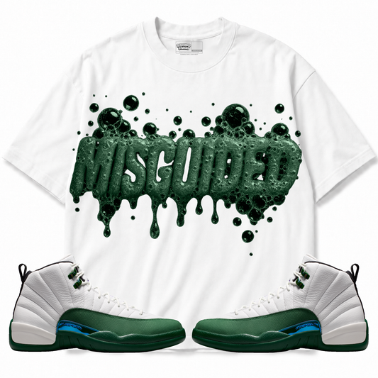 Bubblez Air Jordan 12 Bucks white graphic T-shirt front with matching sneakers