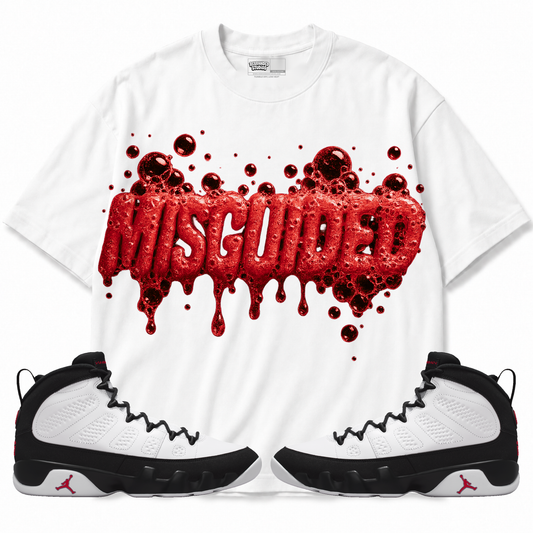 Bubblez Air Jordan 9 OG Space Jam white graphic T-shirt front with matching sneakers