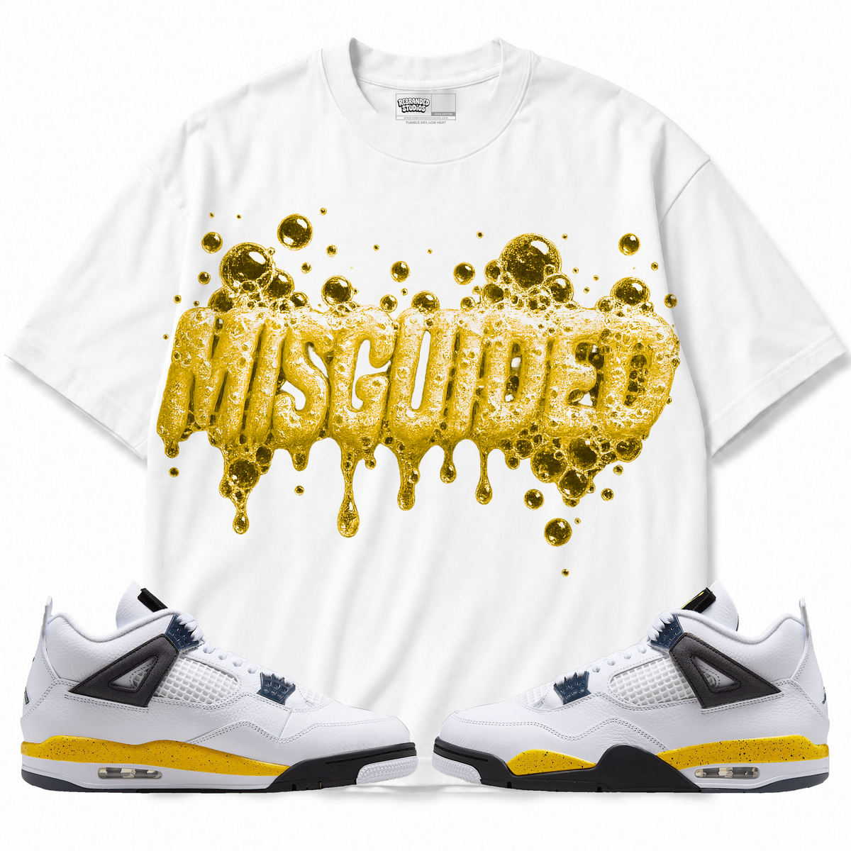 Bubblez Air Jordan 4 Tour Yellow white graphic T-shirt front with matching sneakers