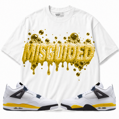 Bubblez Air Jordan 4 Tour Yellow white graphic T-shirt front with matching sneakers