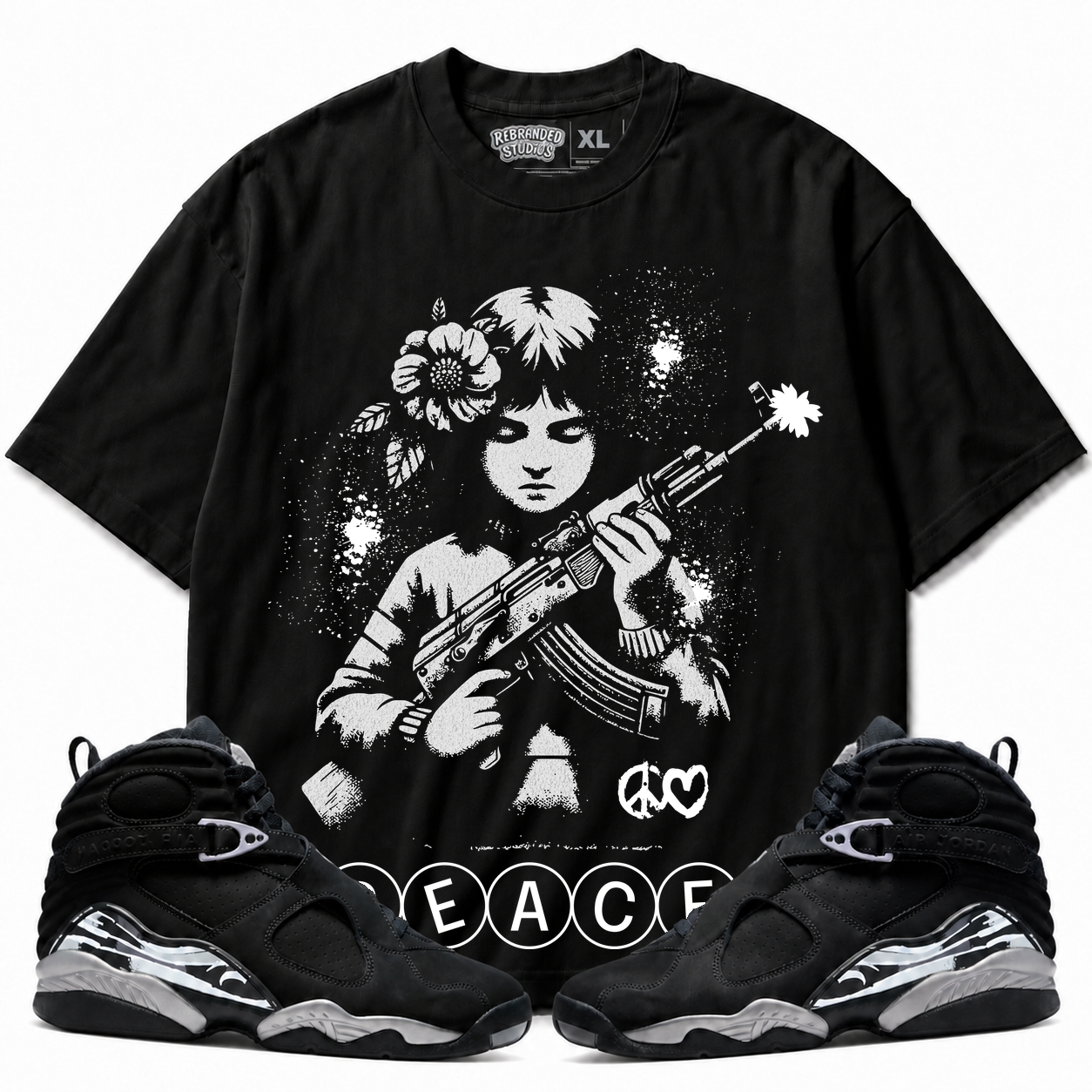 Rebranded Studios Peace Air Jordan 8 Chrome Graphic T-Shirt with matching sneakers