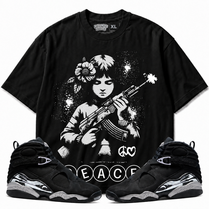 Rebranded Studios Peace Air Jordan 8 Chrome Graphic T-Shirt with matching sneakers