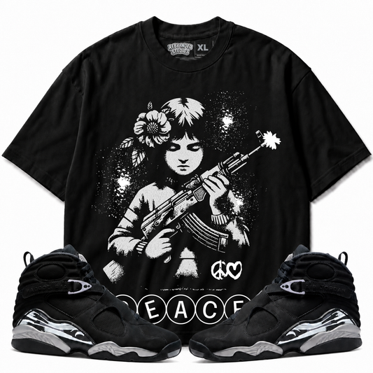 Rebranded Studios Peace Air Jordan 8 Chrome Graphic T-Shirt with matching sneakers