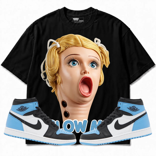 Rebranded Studios Blow Me Air Jordan 1 High OG UNC Toe black T-shirt with matching sneakers