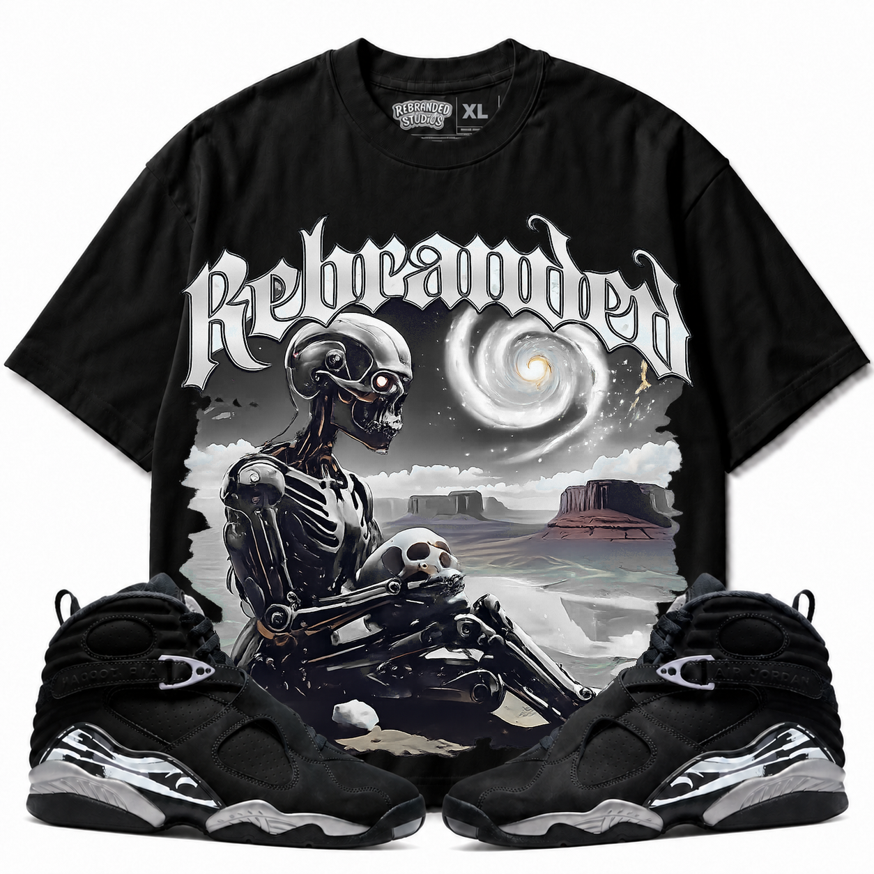 Rebranded Studios Rebranded Future Air Jordan 8 Chrome Graphic T-Shirt with matching sneakers