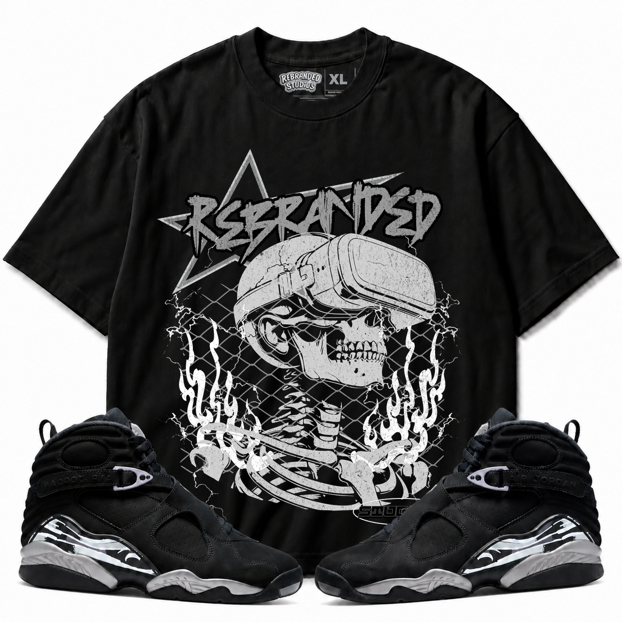 Rebranded Studios Air Jordan 8 Chrome Graphic T-Shirt - front view with Air Jordan 8 Chrome sneakers