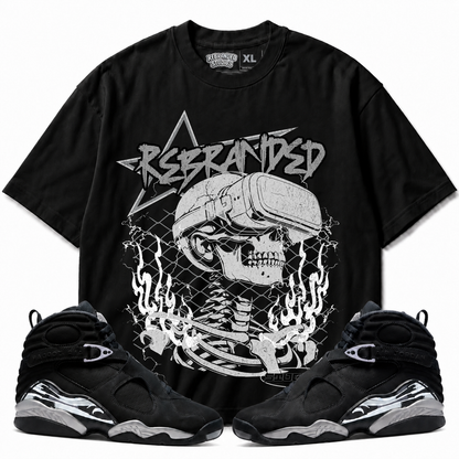 Rebranded Studios Air Jordan 8 Chrome Graphic T-Shirt - front view with Air Jordan 8 Chrome sneakers