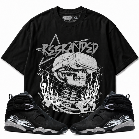 Rebranded Studios Air Jordan 8 Chrome Graphic T-Shirt - front view with Air Jordan 8 Chrome sneakers