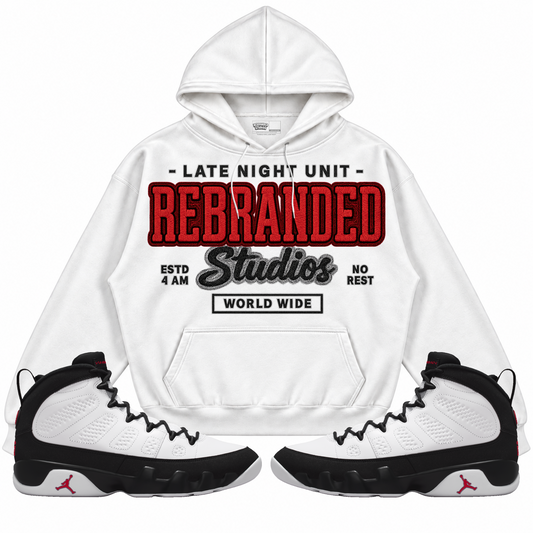 Rebranded Studios apparel — front styled with matching sneakers