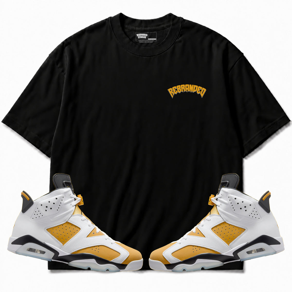 Rebranded Studios apparel — front styled with matching sneakers