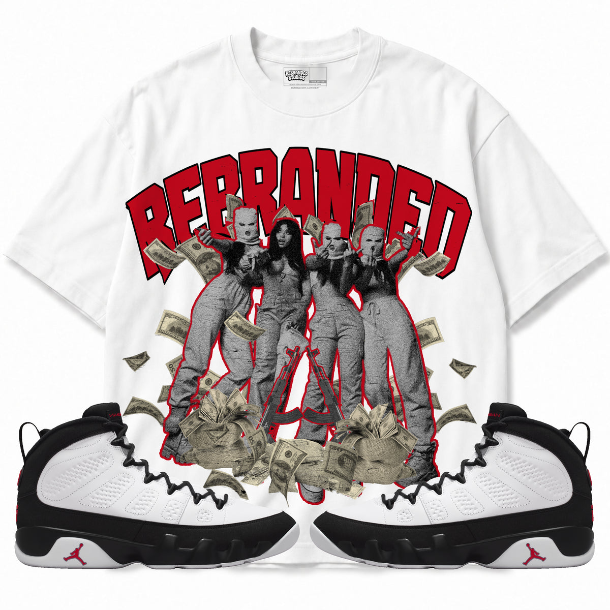 Rebranded Studios apparel — front styled with matching sneakers
