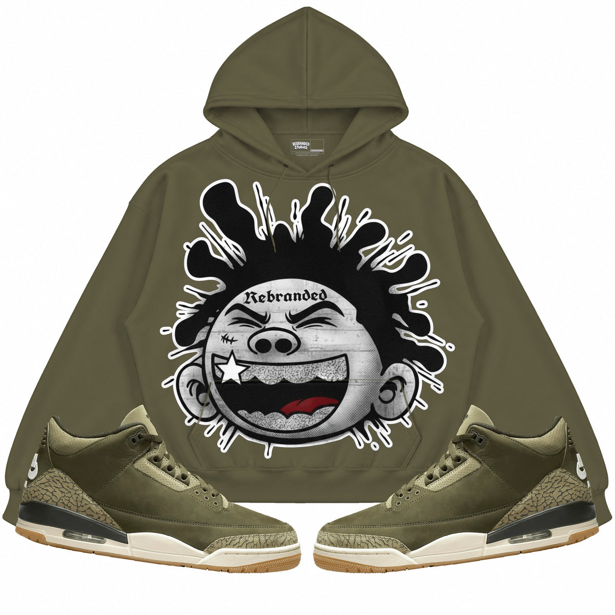 Rebranded Studios apparel — front styled with matching sneakers