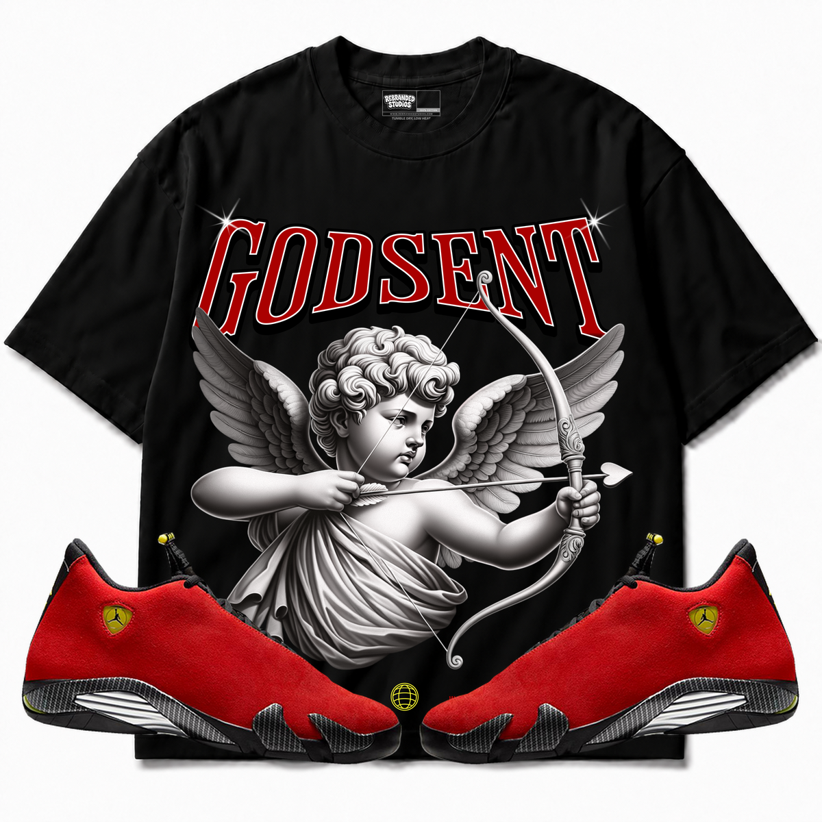 Rebranded Studios apparel — front styled with matching sneakers